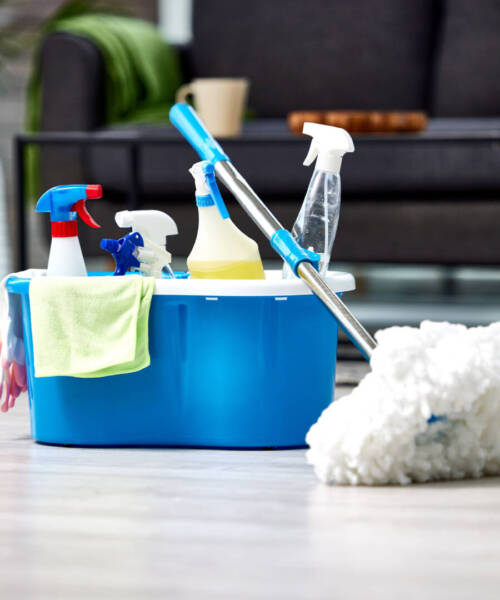 Making my floors sparkle. Shot of a bucket of cleaning supplies